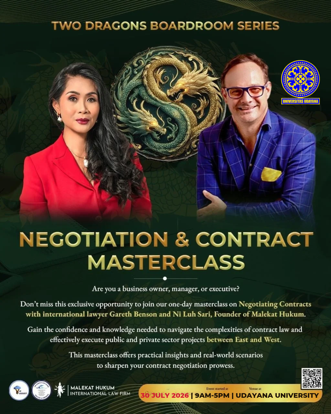 Two Dragons Boardroom Series — Negotiation & Contract Masterclass with Gareth Benson and Ni Luh Sari; poster lists Udayana University
