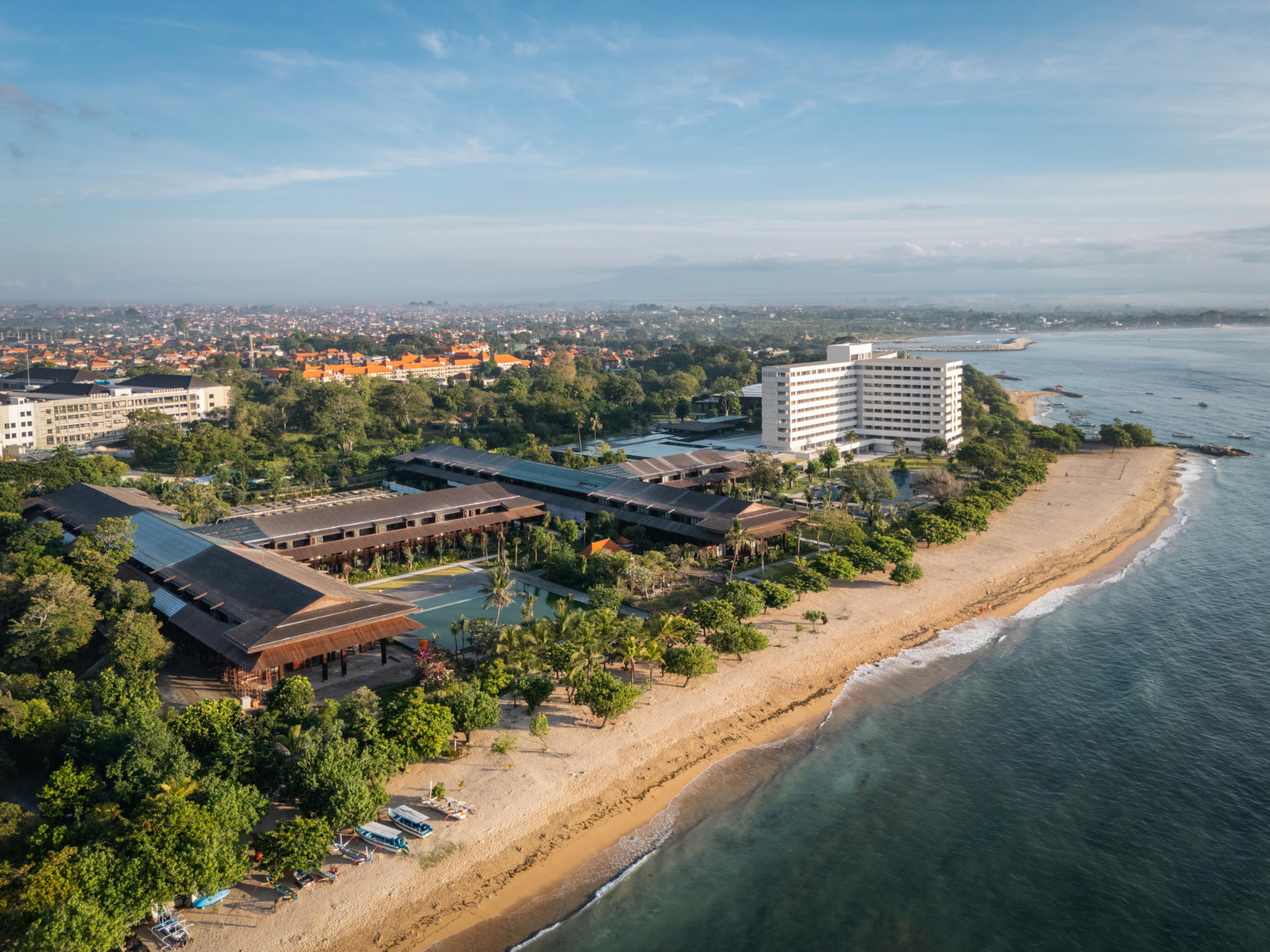Aerial view of The Meru Sanur beachfront grounds and Bali Beach hotel